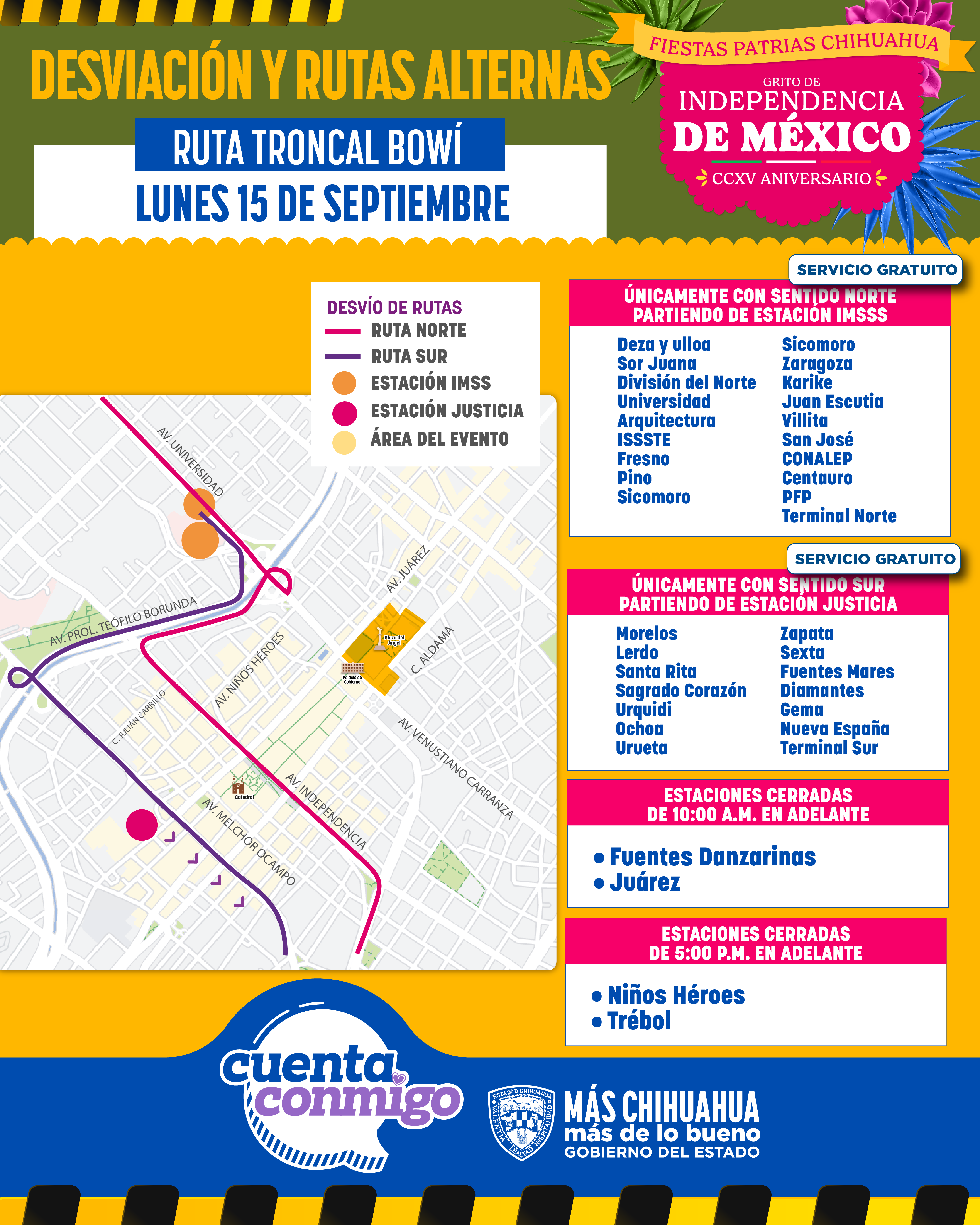 Anuncia Bowí servicio gratuito, desvío de rutas y horario extendido durante el Grito de Independencia