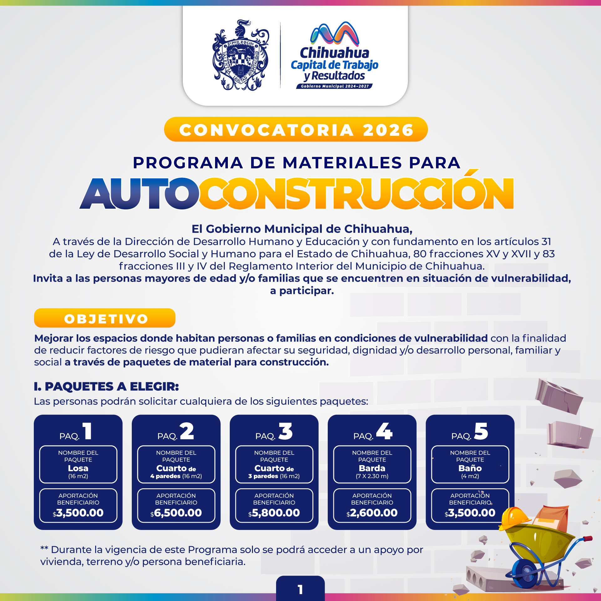 Apoya Municipio a familias vulnerables con materiales de autoconstrucción